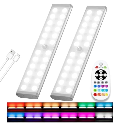 58 -LED Under Cabinet Lights, Rechargeable RGB Motion Sensor Light Indoor Night Lights with Remote Control, 2 Pack Wireless Under Counter Light for Kitchen, Wardrobe, Hallway, Stairs, 15 Colors