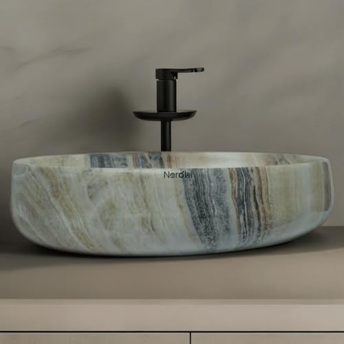 Image of Designer Counter Top Wash Basin | Tabletop Ceramic Bathroom Sink | Wash Basin Over Counter | Wash Basin For Bathroom, Living Room (24 x 15 x 6 Inch) (Glossy Beige N Black Strip)