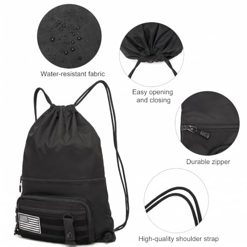 Image of seyfocnia Drawstring Backpack Tactical String Bag with Zipper Pockets Waterproof Cinch Bag Sport Gym Sackpack - Black