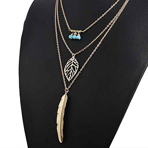 Jovono Boho Multilayered Necklaces Leaves Feathers Beaded Pendant Jewelry Necklace Chains for Women and Girls (Gold)