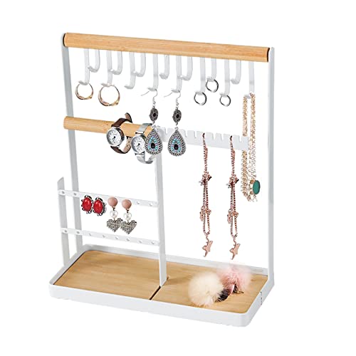 Schmuckständer, Schmuckhalter mit Holztablett und Haken, Weiß Kettenhalter für ketten, Ohrringen, Ringen ,Armbändern, Uhren, 22 x 10 x 26 cm (Type B) Cover