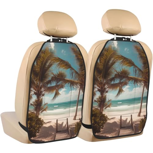 JTNWEC Beach Palm Trees Print Car Seat Kick Mats with Organisers 2 Pack Backseat Protector Seat Covers for Your Car, SUV, or Truck