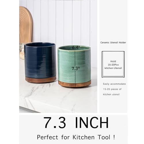 Image of Utensil Holder, 360 Rotating Extra Large Ceramic Kitchen Utensil Holder for Countertop, 7.3 inch Cooking Utensil Crocks for Kitchen Counter with Rotatable Wooden Base, Farmhouse Decor, Dark Blue