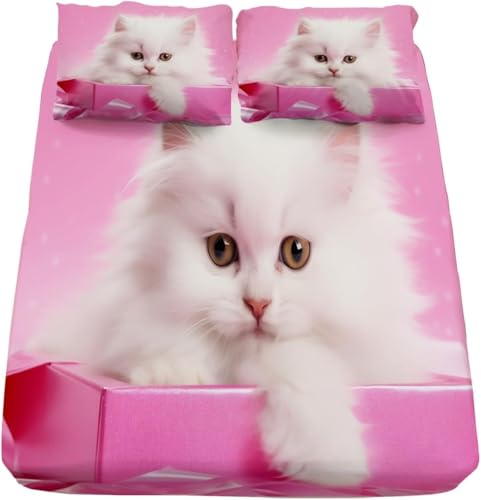 Drap Housse 140x200 cm Chat 3D Drap-Housse 140x200 cm Rose - pour lit de 140 x 200 - Hauteur du Matelas à 30 cm, Housse de Matelas 2 Personnes avec 2 Taie d'oreiller...