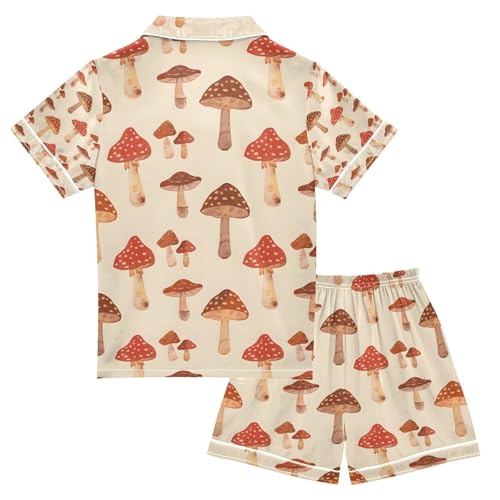 senya Cartoon Mushroom Red Satin Summer Pajama Sets Silk Short Sleeve Button Down Sleepwear2