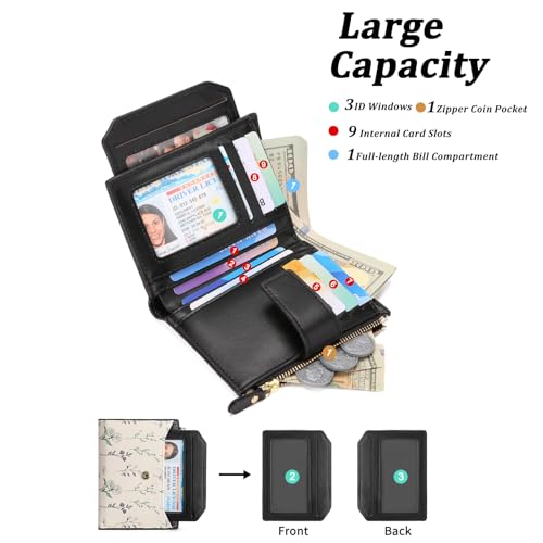 Image of GAEKEAO Small Wallets Woman RFID Blocking Vegan Leather Bifold Floral Ladies Compact Card Holder with Zipper Pocket ID Window
