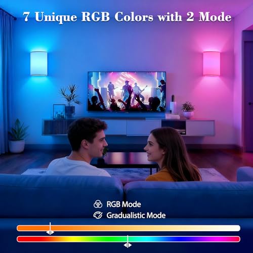 Image of Battery Operated Wall Sconce Set of Two: 10000mAh Wireless Wall Light with Rechargeable Magnetic Bulb - Dimmable Wall Lamp with 7 RGB Colors - Linen Shade Sconces with Remote for Bedroom Living Room