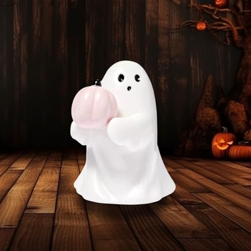Mtruil Halloween Ghost Figurine with Holding Pink Pumpkin, Funny Resin Ghost Statue Halloween Decor for Bookshelf, Terrace, Bedroom,Porch and Tabletop