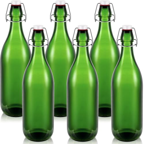 6 Pcs Green Glass Bottles 1 L/ 33.75 oz Decorative Wine Bottles Flip Top Glass Water Bottle with Airtight Lid for Home Decor Garden Tree Yard Outdoor Decorations