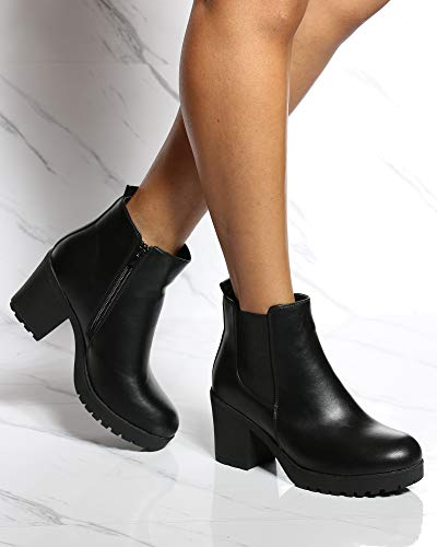 REFRESH Womens Side Elastic Zipper Lug Sole Bootie,Black,82