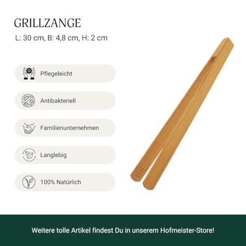 HOFMEISTER® Grillzange Kirschholz Würstchen BBQ - für Bratwurst, Steaks & Gemüse auf dem Grill, fester Griff dank Rillenfräsung, hygienisch & hitzebeständig, Zange aus Holz, 30 cm