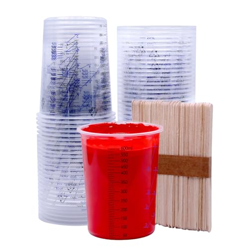 RUNYU 600ml Lack Mischbecher Epoxidharz Set, 50 Stück Lackmischbecher 600ml und 50 Stück Rührstäbchen, Messbecher Cups mit Skala und Mischungsverhältnis
