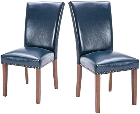 COLAMY Upholstered Parsons Dining Chairs Set of 2, PU Leather Dining Room Kitchen Side Chair with Nailhead Trim and Wood Legs - Blue
