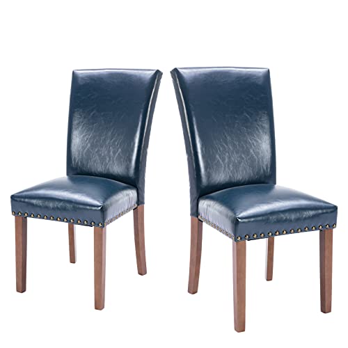 Colamy Upholstered Parsons Dining Chairs Set Of 2, Pu Leather Dining Room Kitchen Side Chair With Nailhead Trim And Wood Legs - Blue #TOP17