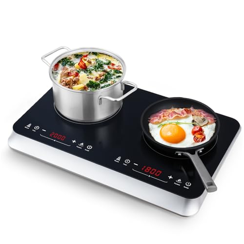 COOKTRON Double Induction Hob, Portable Induction hob with Dual Zone, Touch Control, Boost Function, 10-Level Adjustable Temperature/Power, 4-Hour Timer, Child Safety Lock, 2800W