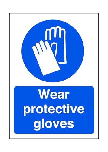 Wear protective gloves - safety sign - High tack self-adhesive sticker (200mm x 150mm) Viewing Distance within 5m.