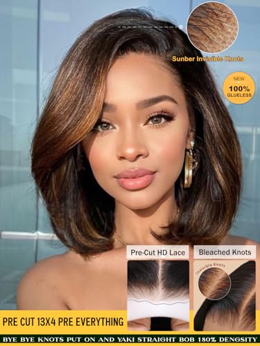 Image of Sunber Ombre Chestnut Brown Light Yaki Straight Bob Human Hair Wigs Pre Everything Pre Cut 13x4 HD Lace Front Glueless Bob Wig Put On and Go Brown Yaki Bob Wig Pre Bleached Invisible Knots 10Inch