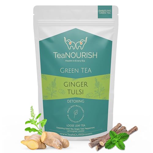 TeaNOURISH Ginger Tulsi Green Tea | Darjeeling Loose Leaf | Indian Superfoods Ginger, Tulsi & Licorice | Relieves Stress & Aids Digestion | Brew Hot or Iced Tea - 100g