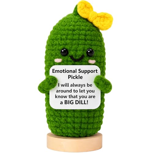 Image of Emotional Support Pickle Crochet with Stand. Handmade Positive Pickle Gift for Women, Friends, Family, Co Workers. Birthday Gifts. Best Friends (Yellow Support Pickle)