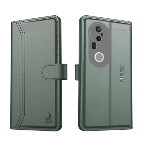 Image of AIBEX Compatible for Vivo T4 Ultra 5G Flip Cover Leather Finish with Magnatic Closure | Inside TPU with Card Pockets | Wallet Stand | Complete Protection Flip Case -Green