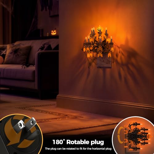 Image of Briignite Halloween Chandelier Night Lights Plug into Wall, Amber Flickering Flame LED Nightlight with Auto Light Sensor, 3-Level Dimmable, 180 Rotatable Plug, Halloween Decor for Bedroom Hallway