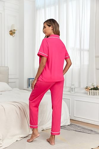 Image of COLORFULLEAF Women's 100% Cotton Pajamas Set Button Down Sleepwear Short Sleeve Shirt and Long Pants Soft Ladies Lounge Sets