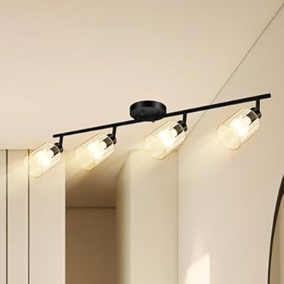 BoostArea 4 Light Led Track Light,Glass Lightshade Track Lighting Kits,4 Way Modern Ceiling Spot Lights for Kitchen,Dining Room,Bedroom,Hallway,Flexibly Rotatable Light Head,Black,Not GU10 Bulb