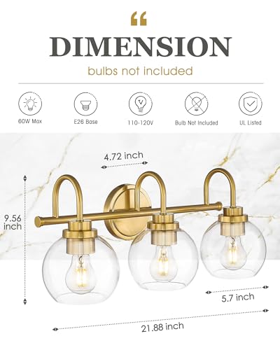 Image of Bathroom Light Fixtures, 3-Light Brushed Gold Vanity Lights with Globe Clear Glass, Champagne Bronze Vanity Lighting Fixtures Over Mirror, AD-22280-3W-GD