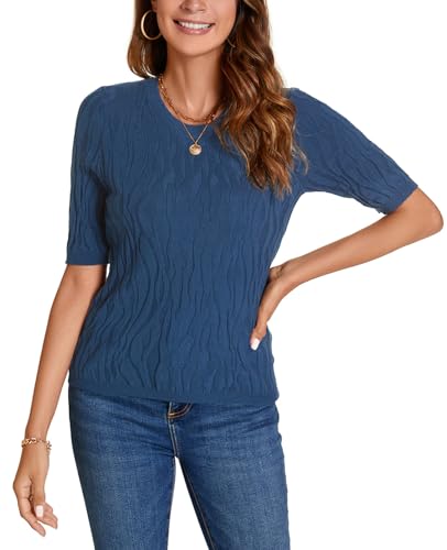 Image of MINTLIMIT Womens Short Sleeve Sweater Summer Pullover Shirt Tops Texture V Neck Casual Knit Tees Tops
