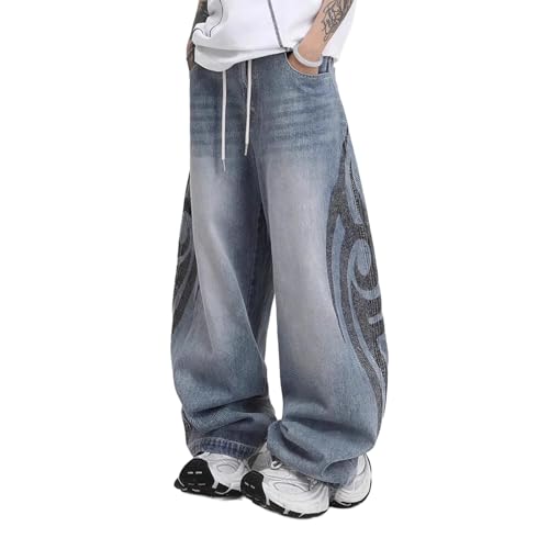 Baggy Jeans Men Washed Graphic Flame Wide Leg Denim Pants Men Y2K Parachute Streetwear for Skater Jeans