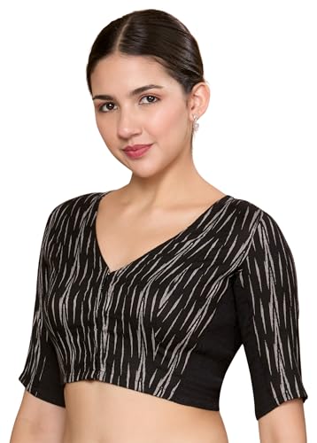 Image of Studio Shringaar Women's Cotton Half Sleeves Ikat Stretchable (Smocked) Readymade Saree Blouse