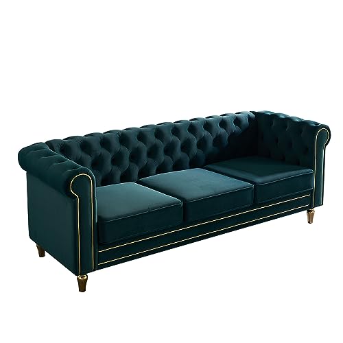 Image of KEIKI 85 inch Chesterfield Velvet Tufted Button Sofa with Deep Seat Cushions and Rolled Arms, Modern Style 3-Seater Couch Decorated with Gold Strip, Easy Assembly, for Living Room, Bedroom, Office, Green