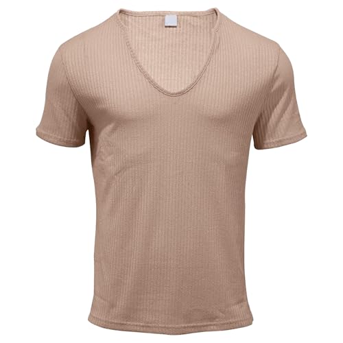 Men Classic Comfy Casual V-Neck T-Shirt Breathable Slim Short Sleeved Shirt Summer Simple Style Sport Tee (Khaki,X-Large)