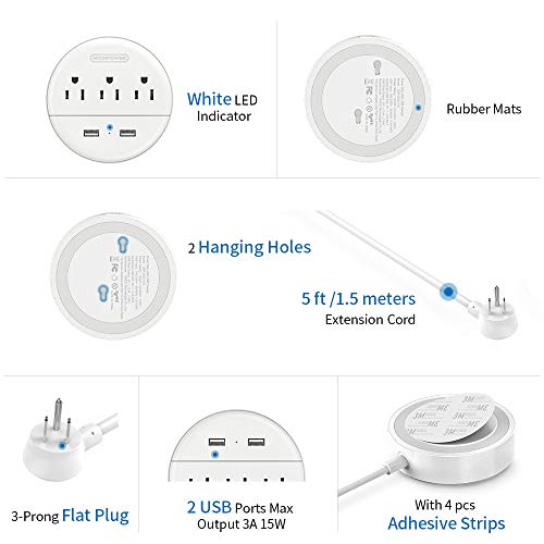 Flat Plug Power Strip With Usb Ports, Ntonpower Nightstand Desktop Charging Station With 5Ft Short Extension Cord, Wall Mount, Small Size For Dorm Room Nightstand Office, Travel, White #TOP7