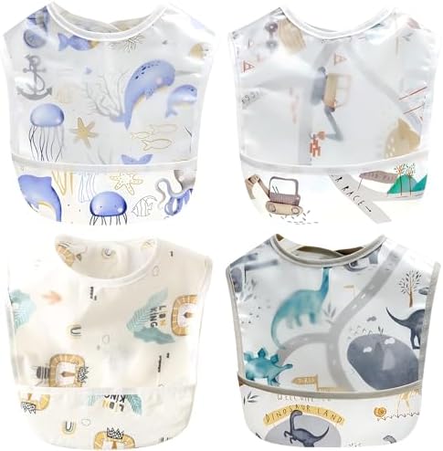 Meal Apron, Baby Apron, Weaning Apron, 3D Pockets, Sleeveless, Waterproof, Lightweight, Name Printed, For Nursery School, Set of 4
