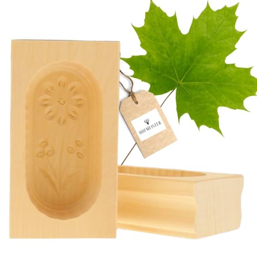 HOFMEISTER® Lot de 2 moules à beurre, pour 125 g de beurre, 14 cm, marguerite, sculptés à la main en Allemagne, forme de renversement carrée, modèle de beurre en bois d'érable local