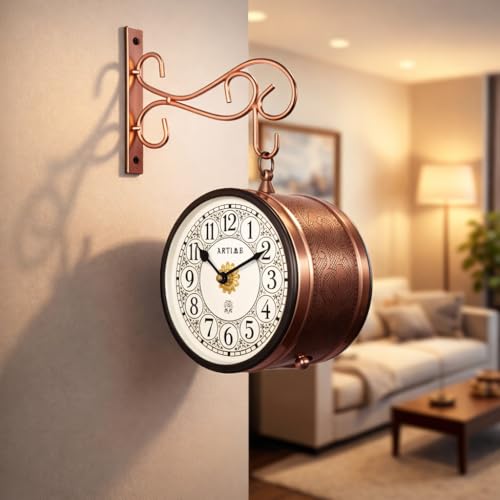 Image of Handcrafted Double Side Metal Analog Vintage Wall Clock | 1.5 Year Machine Warranty | 6 INCHES | 1 Side Number 1 Side Roman,Color Copper