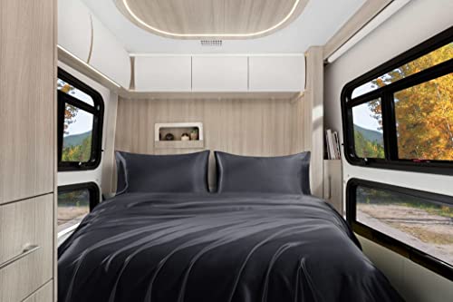 Homiest 4pcs RV Short Queen Satin Sheets Set Luxury Silky Satin Bedding Set with 10" Deep Pocket, Camper Queen Sheets, 1 Fitted Sheet + 1 Flat Sheet + 2 Pillowcases (RV Short Queen, Black)