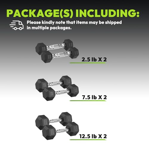 HANDBODE Hex Dumbbell 45 lb Set, Pair of 2.5/7.5/12.5 lb, Rubber Encased Exercise & Fitness Dumbbells for Home Gym, Hand Weights for Strength Training
