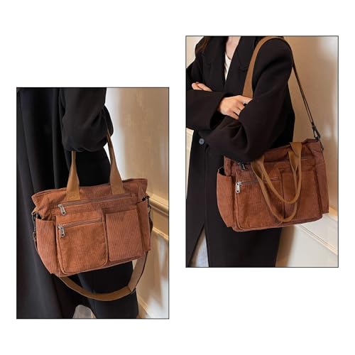 Vintage Corduroy Tote Bag with Zipper, Large Shoulder Bag for Women with Multi-Pocket, Lightweight Crossbody Purse2