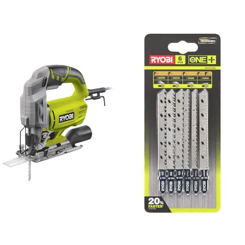 RYOBI - Scie Sauteuse Pendulaire 220V, 500W, 3000cps/min, Inclinaison 0 à 45 ° Droit et Gauche & Lot 6 Lames Bois Optimisées ONE+ pour Scie Sauteuse Sans Fil à Ergot en T