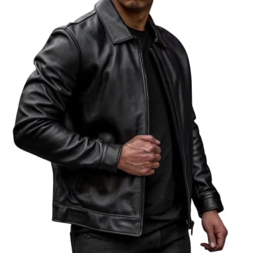Image of Mens Shirt Collar Genuine Real Lambskin Leather Jacket For Men Vintage Classic Biker Style with Zip Out Liner