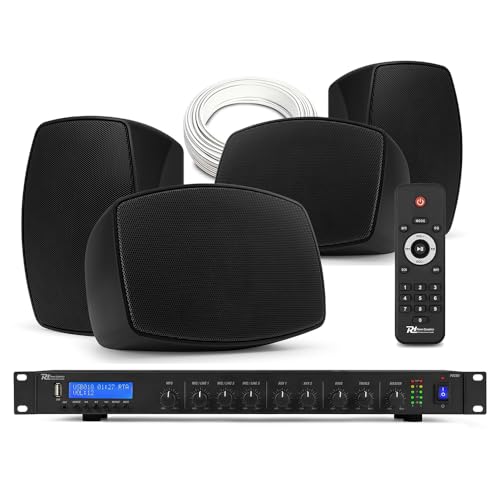 Power Dynamics 4x PD BHW30BK Wall Mounted Weatherproof Outdoor Speakers with PDC90 Media Amp, Bluetooth & DAB+ Tuner, Commercial Music System for Restaurant, Cafe & Bar