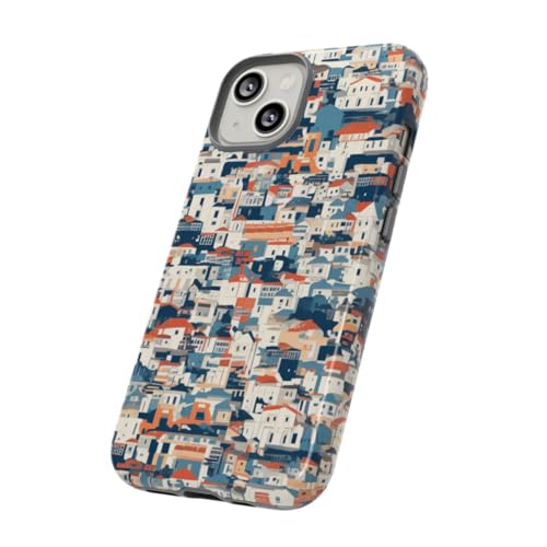 Coque iPhone 14 bleu rigide brillant avec motif architecture et maisons urbaines - 2