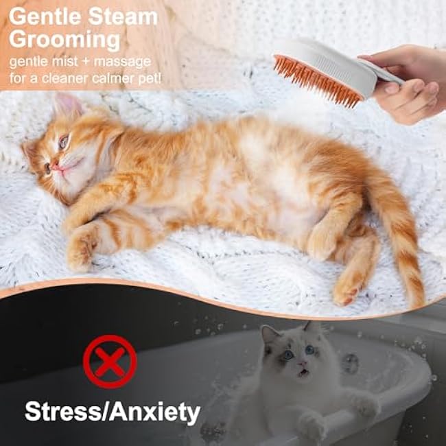 Steam Brush for Cat & Dog ¨C 3-in-1 Spritz Pet Spray Hair Removal Comb for Grooming & Shedding Steam ¨C Water Brush for Long & Short Haired Pets¨C Includes Two Bottles Waterless Shampoo-cI5PS1HD