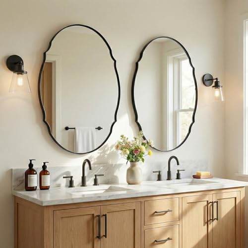 Image of ANDY STAR 30x40 Large Matte Black Scalloped Oval Bathroom Vanity Mirror