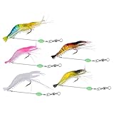 Sarini 5-teiliges Set mit beleuchteten weichen Garnelenködern – im Dunkeln leuchtende künstliche Garnelen mit Haken, 9 cm/6 g bionischer Köder zum Nachtangeln, weicher Köder-Imitat mit Leuchtfunktion