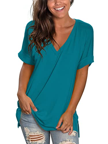 Image of Sampeel Women's V Neck T Shirts Casual Rolled Short Sleeve Side Split Summer Tops Loose Fit