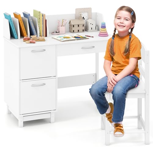 COSTWAY Bureau Enfants avec Chaise Ergonomique & Niches, Table d'Étude en Bois avec 2 Placards &...