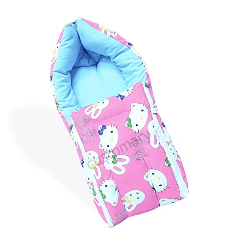 Image of MOM & Son Baby Bedding Set Mattress with Net & Baby Sleeping Bag (0-3 Months) (Pink Kitty & Green)